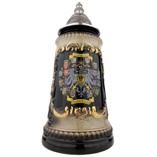 Zöller & Born Bierkrug mit Zinndeckel – Motiv „Hopfen-Länderkranz“ – Made in Germany – Traditionsmanufaktur (Artikel: 1573S6011)