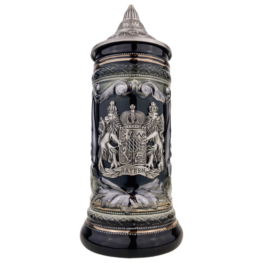 Bierkrug mit Deckel 0,7L – Bierseidel Steinkrug mit Spitzdeckel und Metallmontur "Bayern" (Schwarz/Braun)