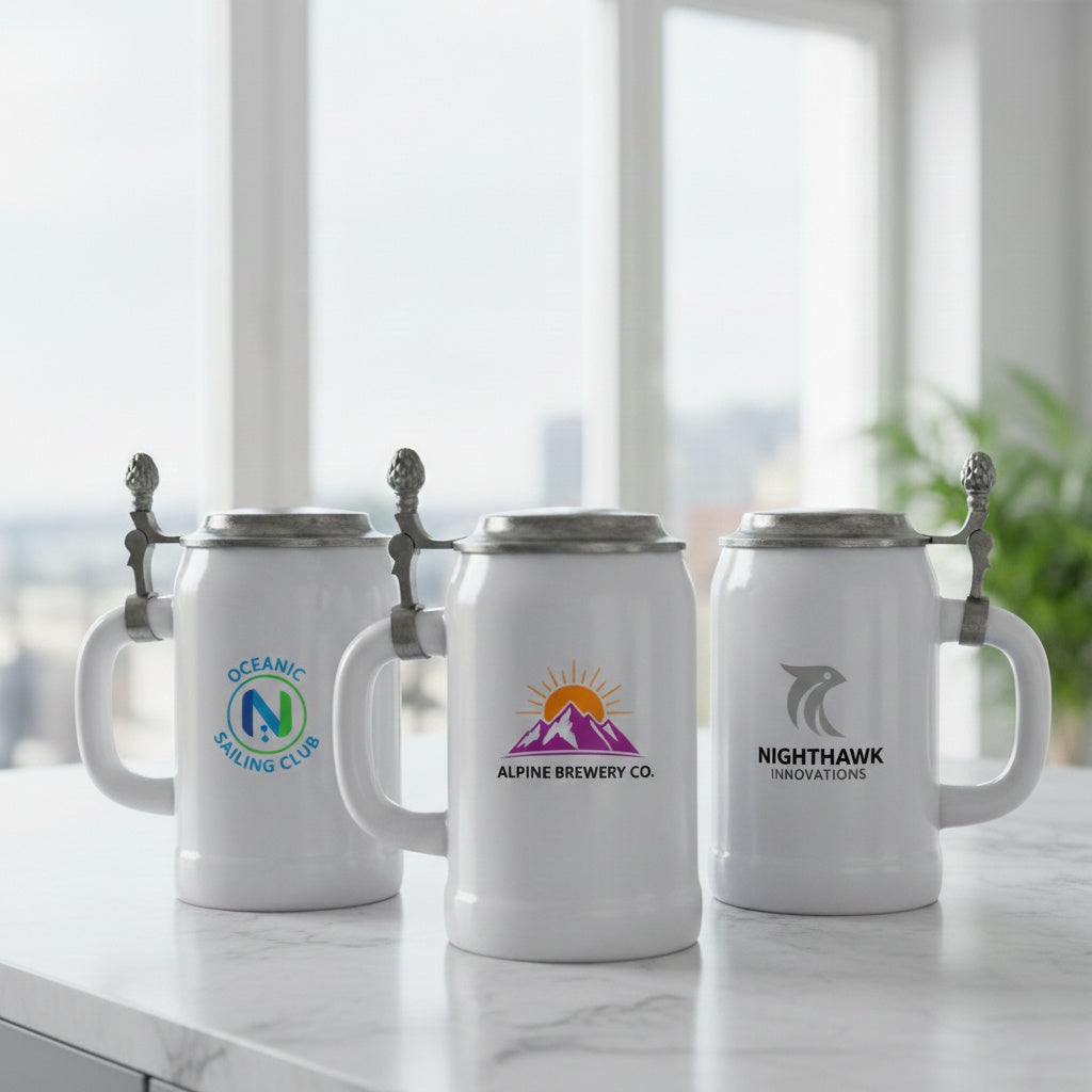 Bierkrug mit Deckel 0,5L (Weiß, Flachdeckel) – personalisierbar mit Ihrem Logo oder Foto