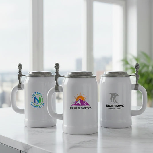 Bierkrug mit Deckel 0,5L (Weiß, Flachdeckel) – personalisierbar mit Ihrem Logo oder Foto