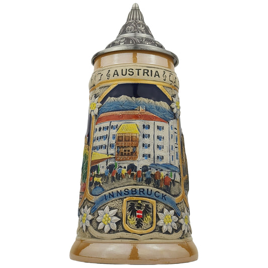 Bierkrug mit Deckel 0,7L mit Österreich-Stadtmotiven – Steinkrug mit Relief-Dekor Wien, Innsbruck & Salzburg – Souvenir & Geschenkidee