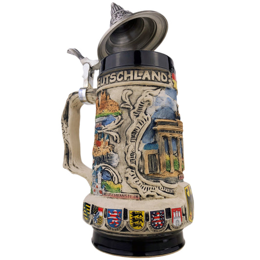 Bierkrug mit Deckel 0,7L – Traditioneller Steinkrug mit Deutschland-Motiv – Brandenburger Tor auf der Vorderseite (Grau)