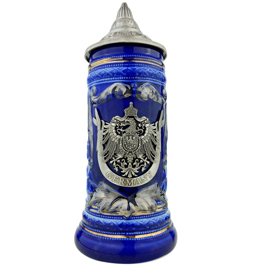 Bierkrug mit Deckel 0,7L – Bierseidel Steinkrug mit Spitzdeckel und Metallmontur "Germany" (Blau)