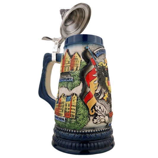Bierkrug mit Deckel 0,7L – Traditioneller Handmade Steinkrug – Deutschland Motiv mit Adler und Fahne Blau
