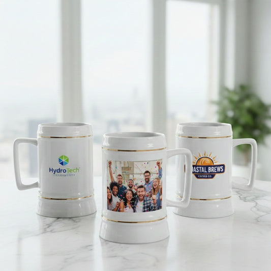 Bierkrug 0,5L (Weiß, ohne Deckel, mit Goldrand) – personalisierbar mit Ihrem Logo oder Foto