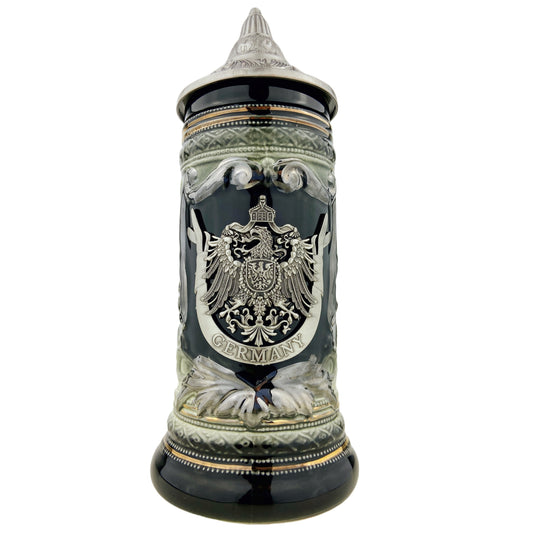 Bierkrug mit Deckel 0,7L – Bierseidel Steinkrug mit Spitzdeckel und Metallmontur "Germany" (Schwarz/Braun)