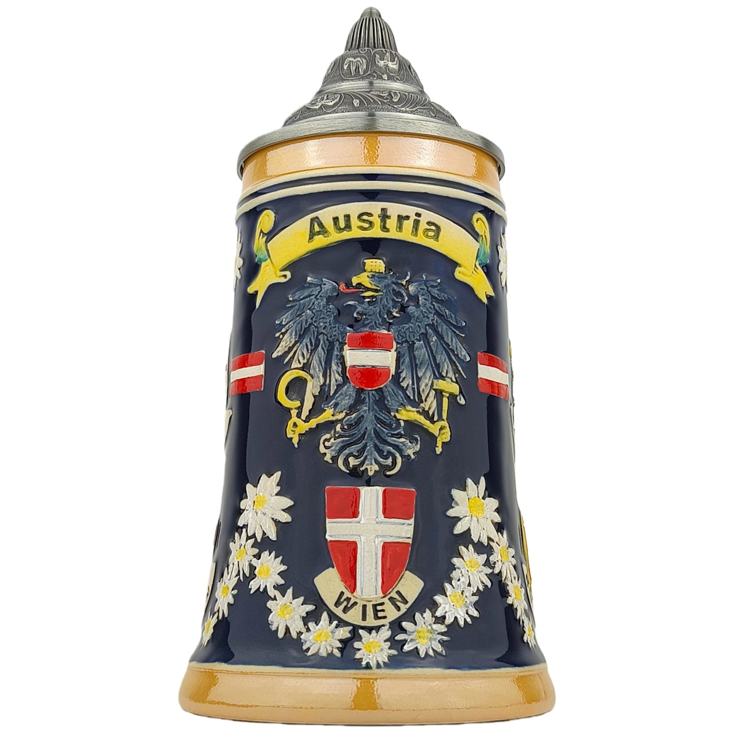 Bierkrug mit Deckel 0,7L mit Österreich-Motiv – Steinkrug mit Bundesländer-Wappen und Edelweiß-Dekor – Souvenir & Geschenkidee