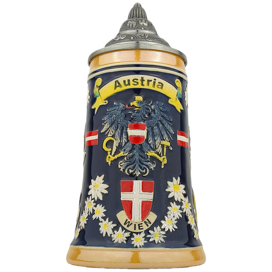 Bierkrug mit Deckel 0,7L mit Österreich-Motiv – Steinkrug mit Bundesländer-Wappen und Edelweiß-Dekor – Souvenir & Geschenkidee