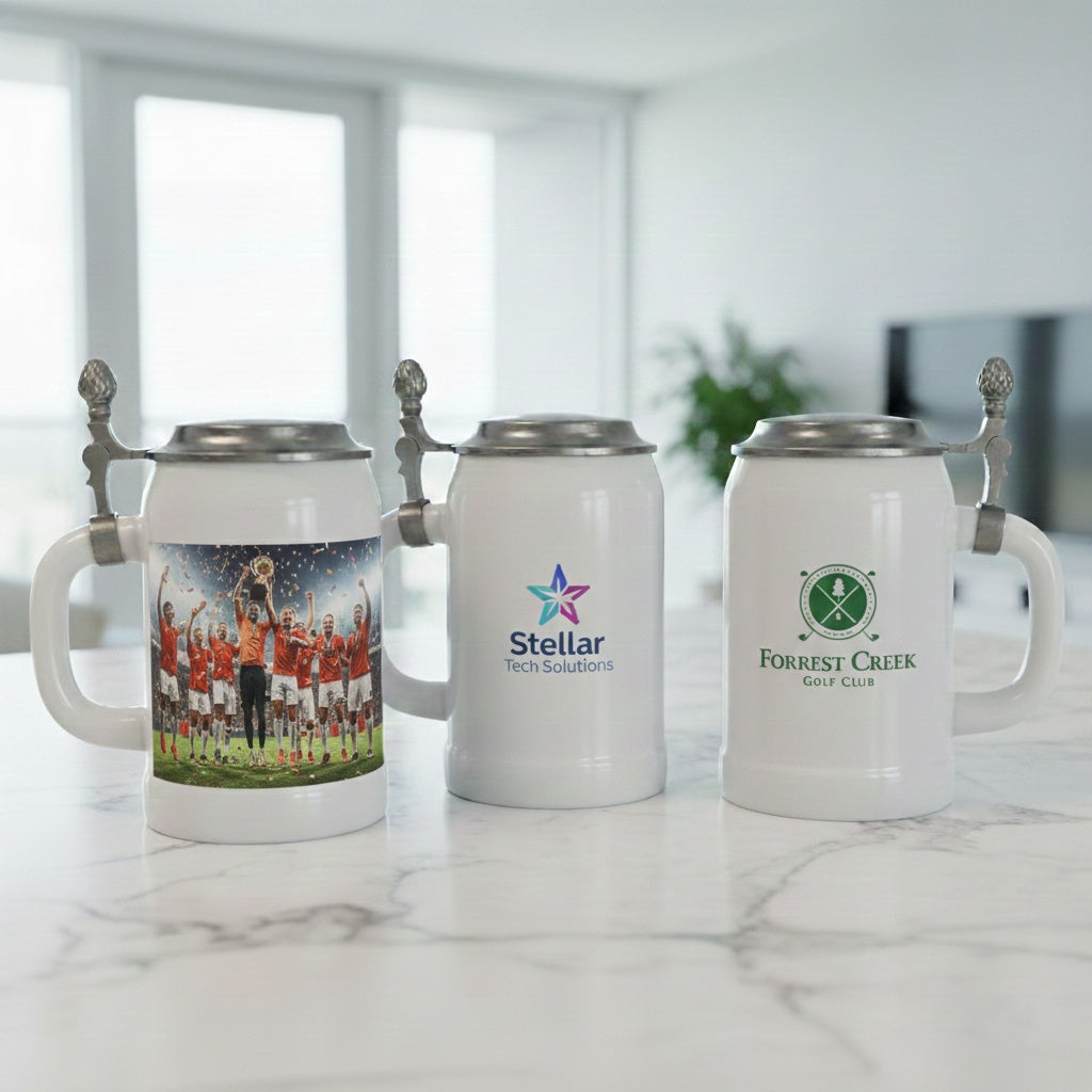 Bierkrug mit Deckel 0,5L (Weiß, Flachdeckel) – personalisierbar mit Ihrem Logo oder Foto