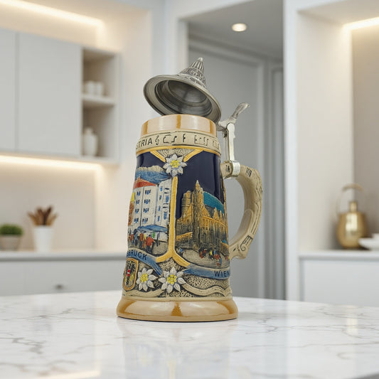 Bierkrug mit Deckel 0,7L mit Österreich-Stadtmotiven – Steinkrug mit Relief-Dekor Wien, Innsbruck & Salzburg – Souvenir & Geschenkidee