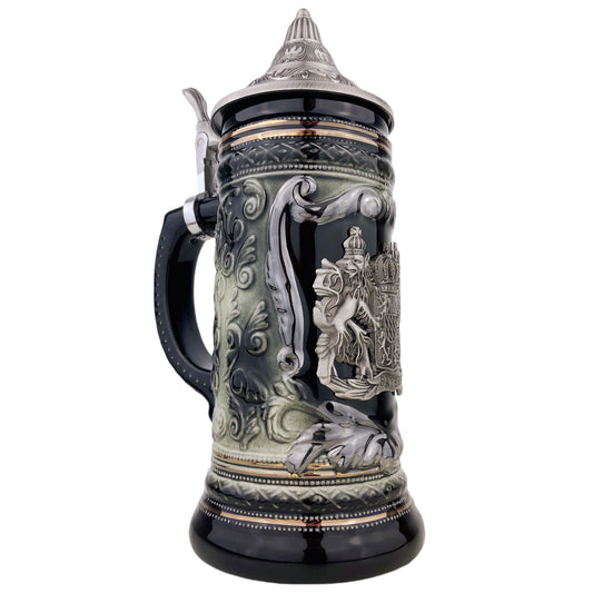 Bierkrug mit Deckel 0,7L – Bierseidel Steinkrug mit Spitzdeckel und Metallmontur "Bayern" (Schwarz/Braun)
