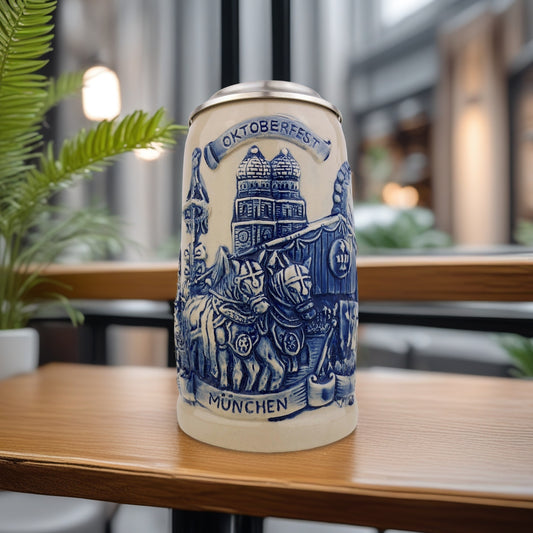 München Oktoberfest Bierkrug mit Zinndeckel 0,7L – Handgefertigter Keramik-Steinkrug mit Bayern-Design