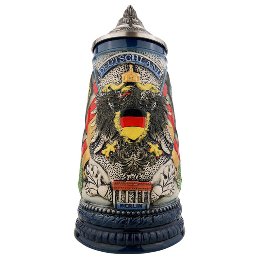 Bierkrug mit Deckel 0,7L – Traditioneller Handmade Steinkrug – Deutschland Motiv mit Adler und Fahne Blau