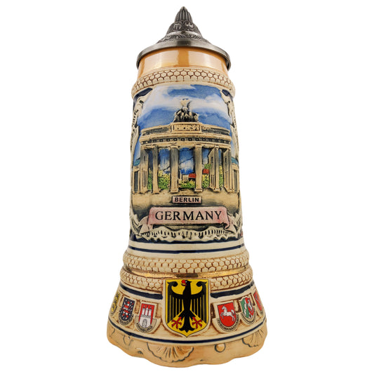 Bierkrug mit Deckel 0,7L – Steinkrug mit XL-Boden – Brandenburger Tor Motiv auf der Vorderseite – Deutschland Design
