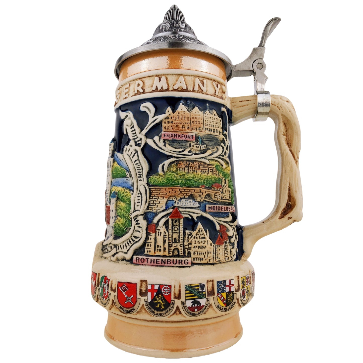 Bierkrug mit Deckel 0,7L – Traditioneller Steinkrug mit Deutschland-Motiv – Neuschwanstein auf der Vorderseite