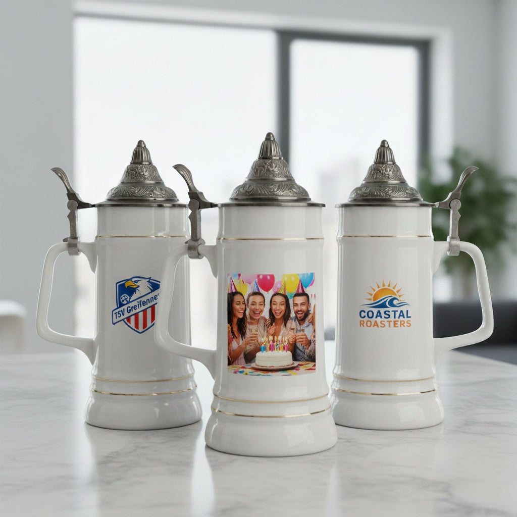 Bierkrug mit Deckel 0,7L (Weiß, Spitzdeckel) – personalisierbar mit Ihrem Logo oder Foto