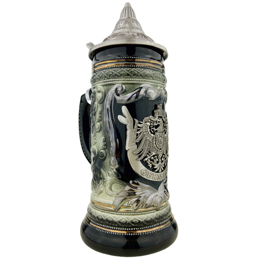 Bierkrug mit Deckel 0,7L – Bierseidel Steinkrug mit Spitzdeckel und Metallmontur "Germany" (Schwarz/Braun)