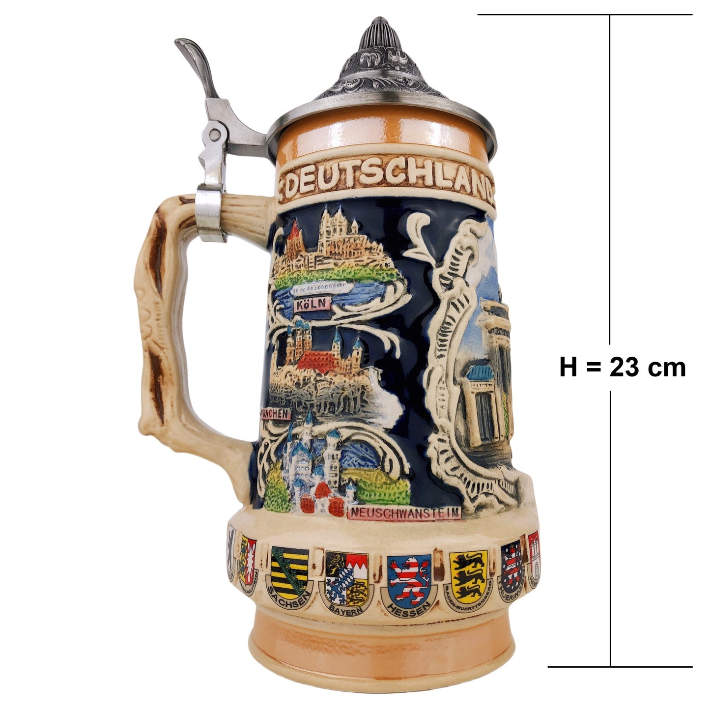 Bierkrug mit Deckel 0,7L – Traditioneller Steinkrug mit Deutschland-Motiv – Brandenburger Tor auf der Vorderseite