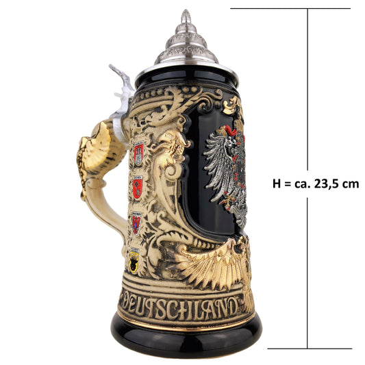 KING® Made in Germany Bierkrug mit Zinn-Deckel "Deutschland" mit Adler-Henkel 0,6L (0430/1SAHEB1)