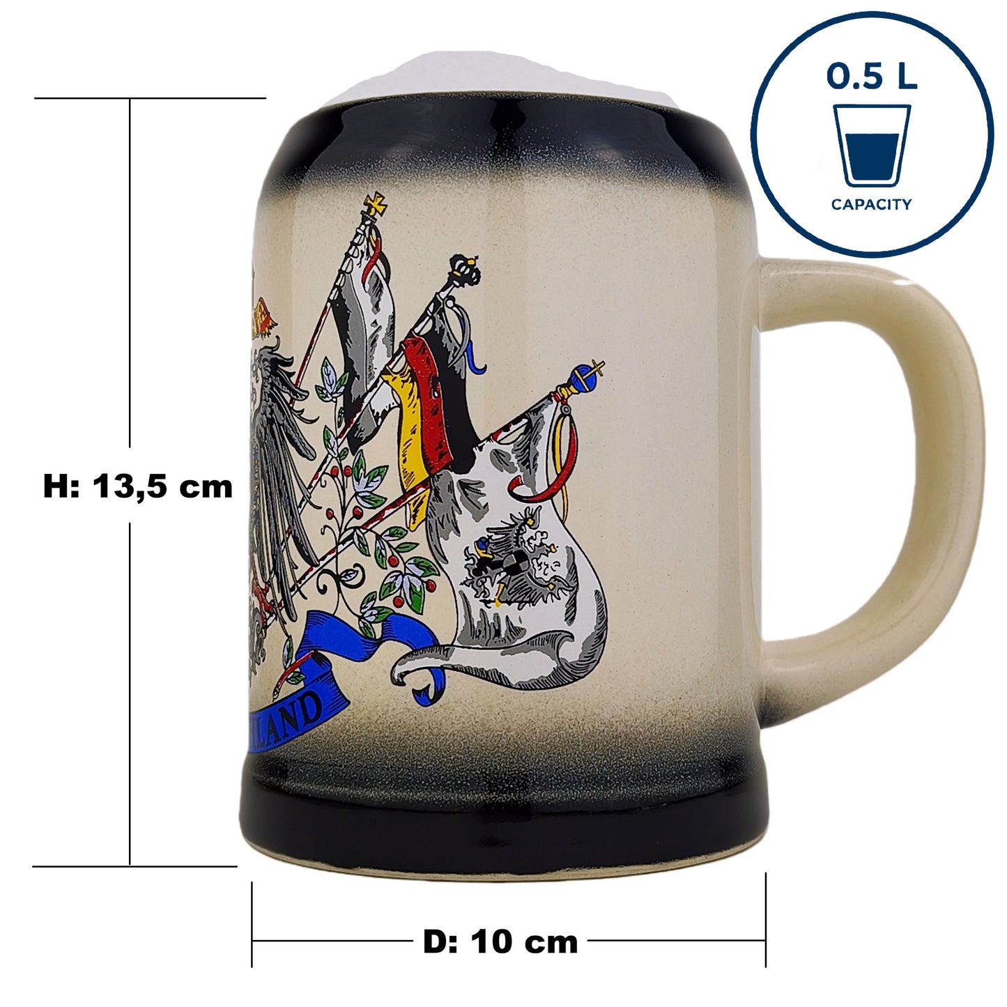 Bierkrug mit Deutschland-Motiv 0,5L – Traditioneller Steinkrug – Klassisches Bierseidel – Ideal für Zuhause & Geschenk (Schwarz)