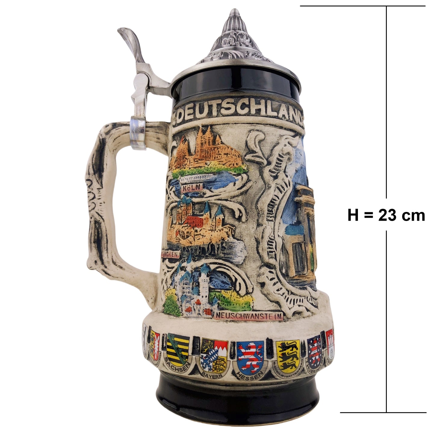 Bierkrug mit Deckel 0,7L – Traditioneller Steinkrug mit Deutschland-Motiv – Brandenburger Tor auf der Vorderseite (Grau)
