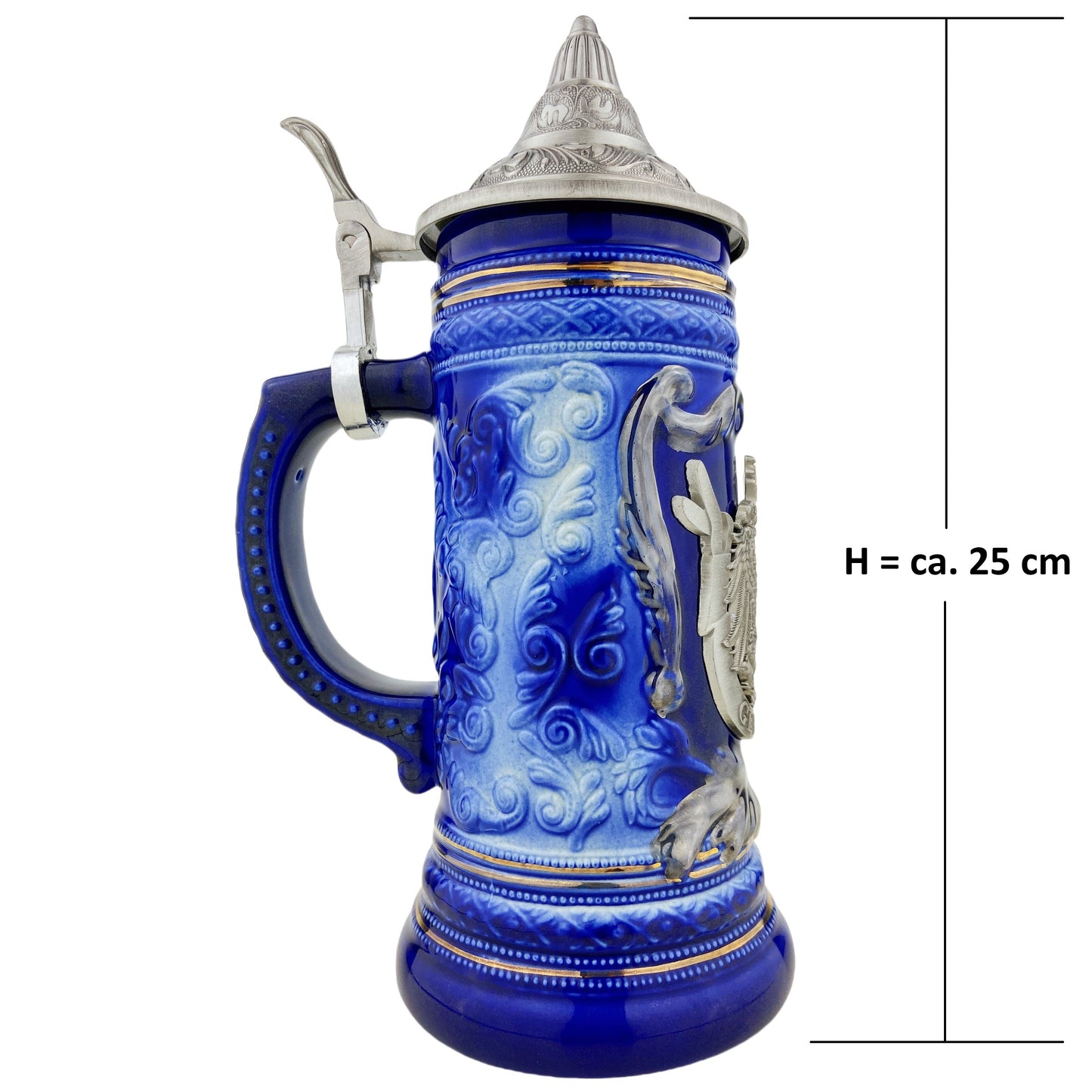 Bierkrug mit Deckel 0,7L – Bierseidel Steinkrug mit Spitzdeckel und Metallmontur "Germany" (Blau)