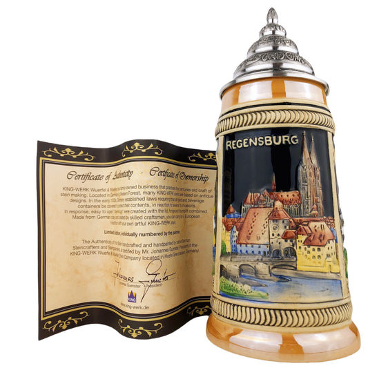 KING® Made in Germany Bierkrug mit Zinn-Deckel “Regensburg” 0,7L (0300/RH58FB1)
