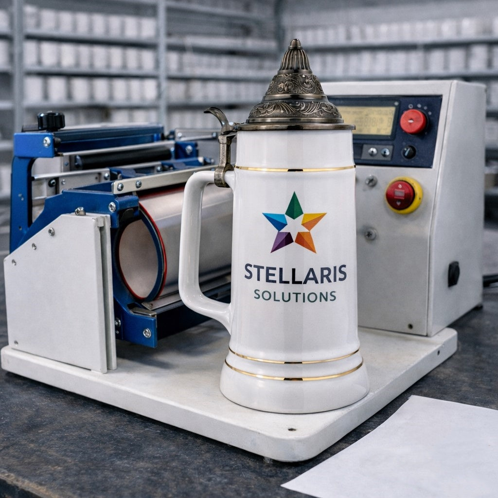 Bierkrug mit Deckel 0,7L (Weiß, Spitzdeckel) – personalisierbar mit Ihrem Logo oder Foto