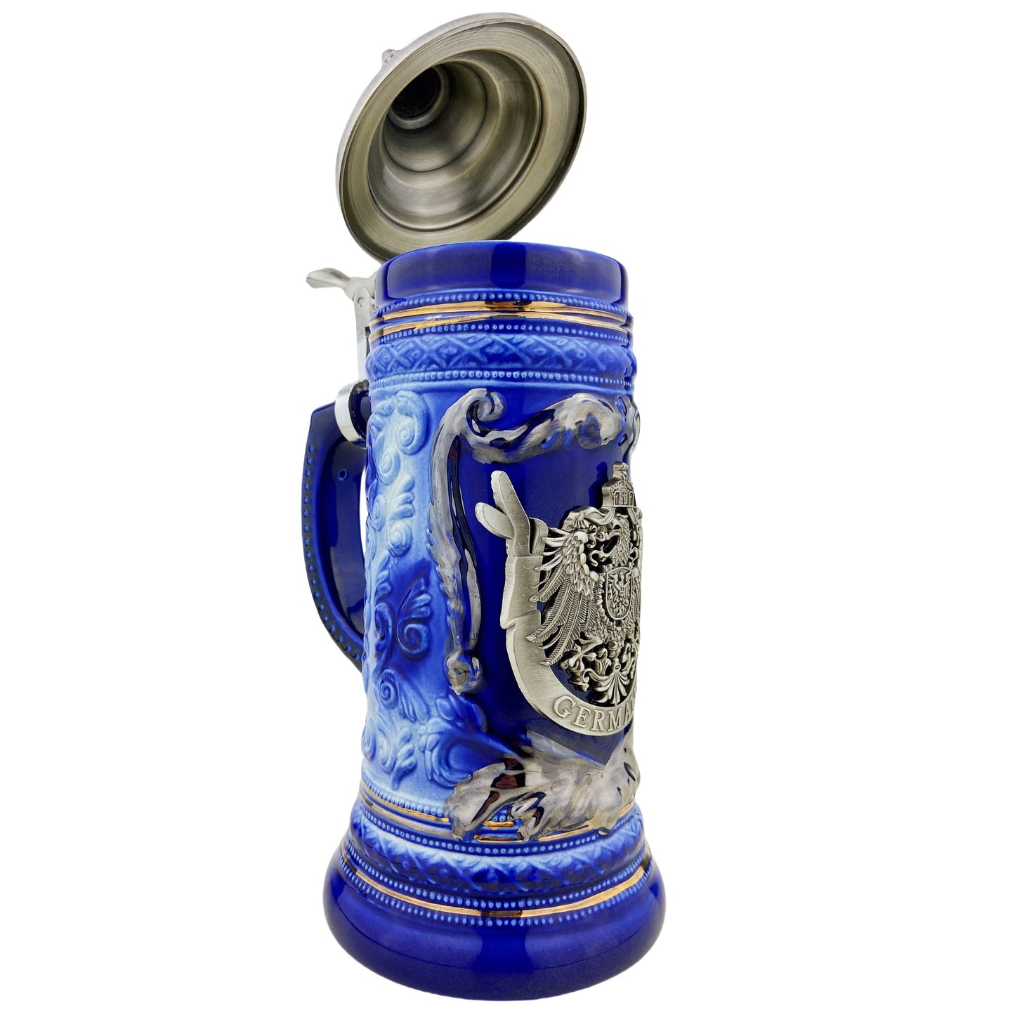Bierkrug mit Deckel 0,7L – Bierseidel Steinkrug mit Spitzdeckel und Metallmontur "Germany" (Blau)