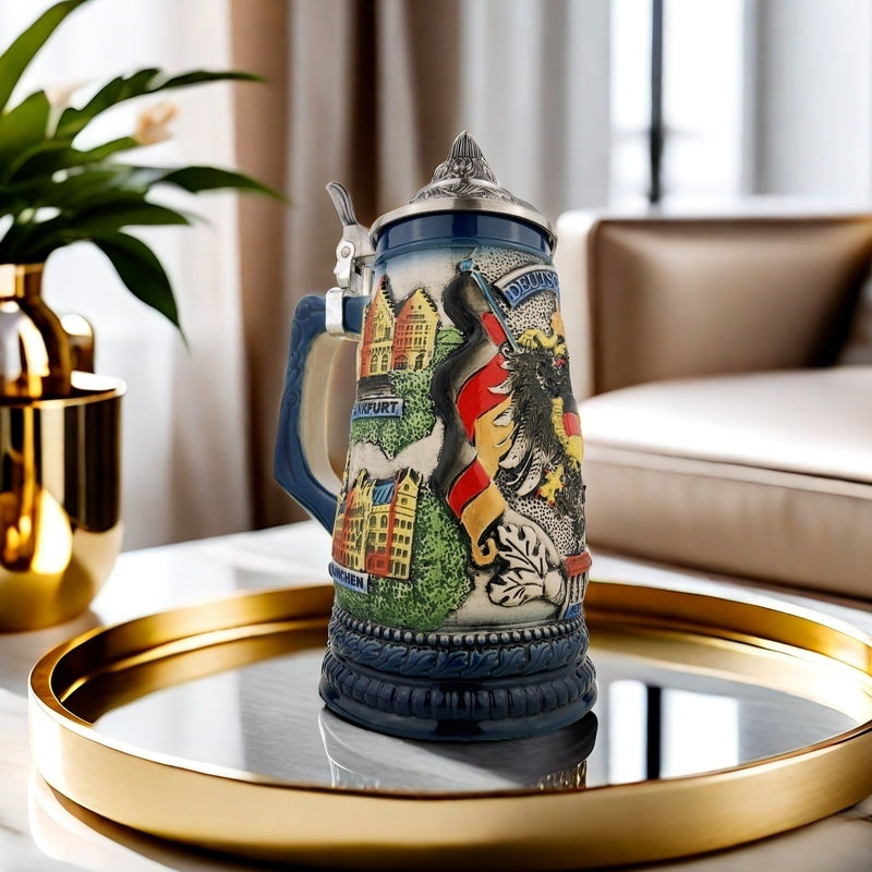 Bierkrug mit Deckel 0,7L – Traditioneller Handmade Steinkrug – Deutschland Motiv mit Adler und Fahne Blau