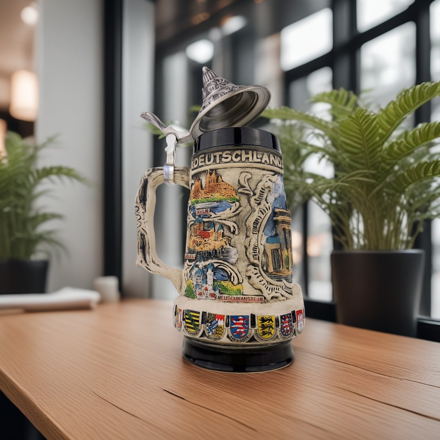 Bierkrug mit Deckel 0,7L – Traditioneller Steinkrug mit Deutschland-Motiv – Brandenburger Tor auf der Vorderseite (Grau)