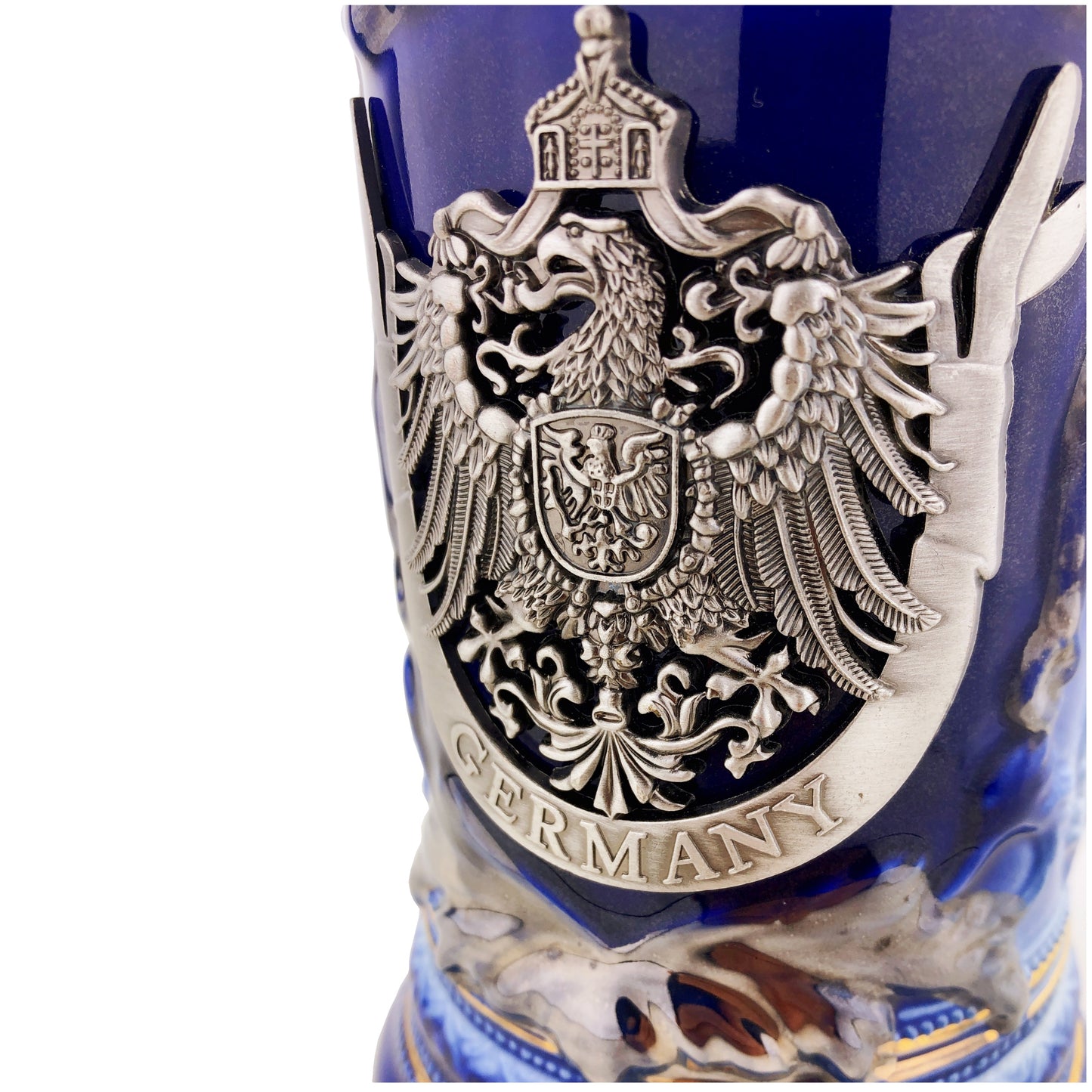 Bierkrug mit Deckel 0,7L – Bierseidel Steinkrug mit Spitzdeckel und Metallmontur "Germany" (Blau)