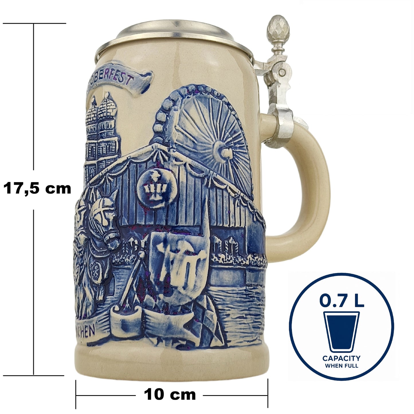 Bierkrug mit Zinndeckel 0,7 L – München Motiv – Traditioneller Keramik Bierkrug – Geschenkidee für Bierliebhaber und Sammler