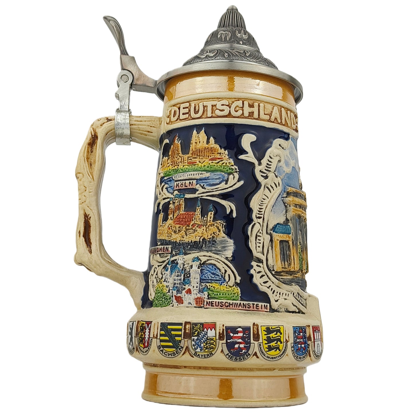 Klassischer Bierkrug mit Deckel Deutschland Germany Stadtmotiv Souvenir