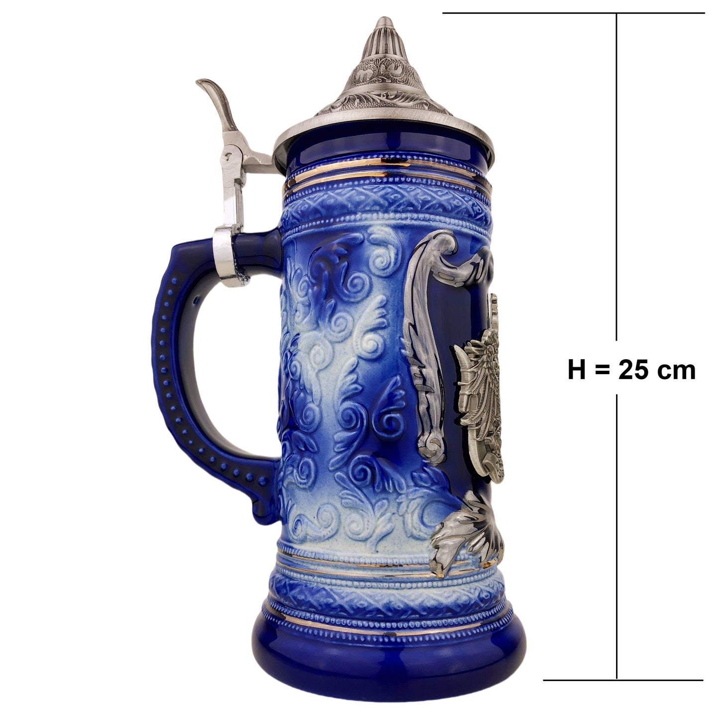 Bierkrug mit Deckel 0,7L – Bierseidel Steinkrug mit Spitzdeckel und Metallmontur "Germany" mit Deutschland-Farben (Blau)