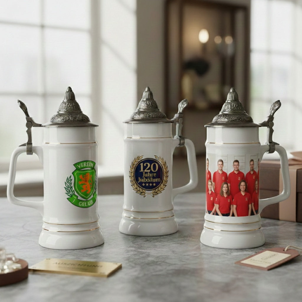 Bierkrug mit Deckel 0,7L (Weiß, Spitzdeckel) – personalisierbar mit Ihrem Logo oder Foto
