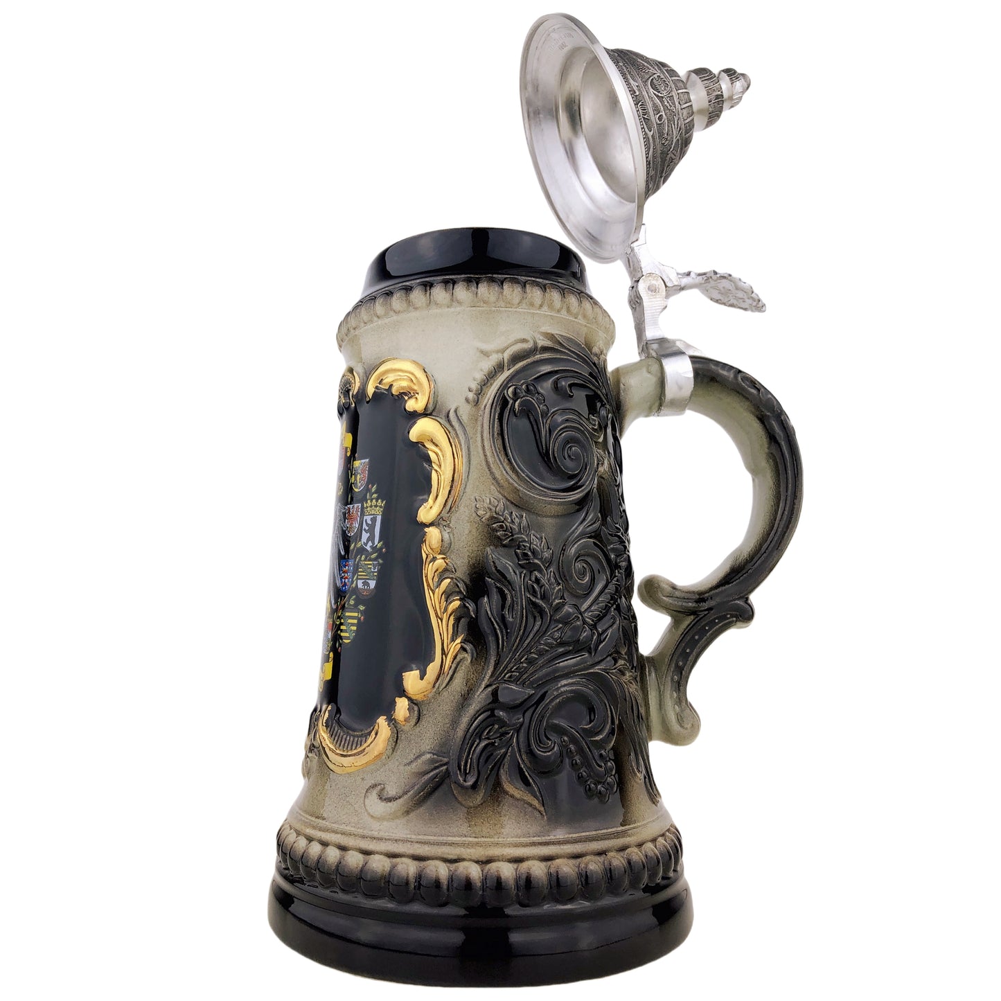 Zöller & Born Bierkrug mit Zinndeckel – Motiv „Hopfen-Länderkranz“ – Made in Germany – Traditionsmanufaktur (Artikel: 1573S6011)